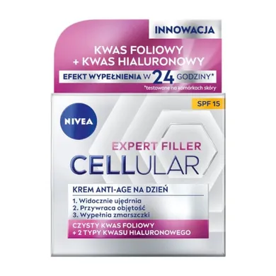 Nivea, Hyaluron Cellular Filler + Widoczne Ujędrnienie, SPF15, przeciwzmarszczkowy krem na dzień, 50 ml