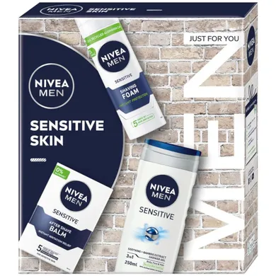 Nivea, Men Sensitive Skin, zestaw: żel pod prysznic 3w1, 250 ml + łagodzący balsam po goleniu, 100 ml + łagodząca pianka do golenia, 200 ml