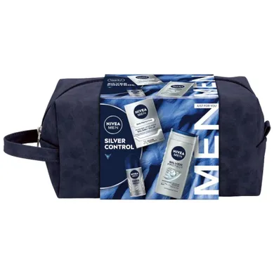 Nivea, Men Silver Control, zestaw: balsam po goleniu, 100 ml + antyperspirant roll-on, 50 ml + żel pod prysznic 3w1, 250 ml + kosmetyczka