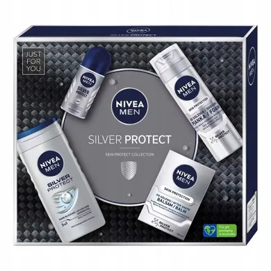 Nivea, Men, zestaw prezentowy, Silver Protect, żel pod prysznic, 250 ml + pianka do golenia, 200 ml + balsam po goleniu, 100 ml + deo roll-on, 50 ml