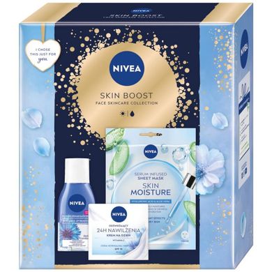 Nivea, Skin Boost, zestaw, odświeżający krem na dzień, 50 ml + dwufazowy płyn do demakijażu oczu, 125 ml + nawilżająca maska w płachcie, 1 szt.