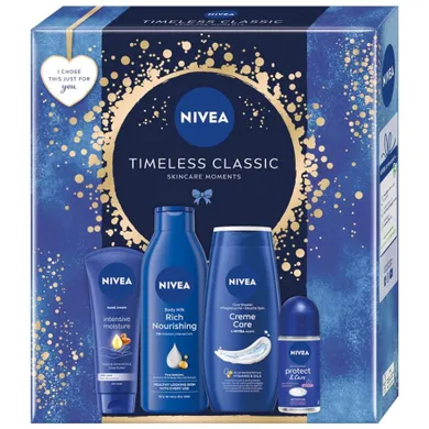 Nivea, Timeless Classic, zestaw: krem do rąk, 100 ml + żel pod prysznic, 250 ml + antyperspirant roll-on, 50 ml + mleczko do ciała, 250 ml