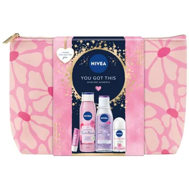 Nivea, You Got This, zestaw: odświeżający żel pod prysznic, 300 ml + antyperspirant, roll-on, 50 ml + pielęgnująca pomadka do ust, 4.8g + kojący płyn micelarny, 200 ml + kosmetyczka