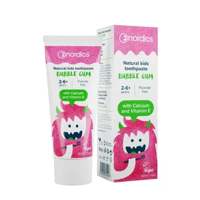Nordics, Natural Kids Toothpaste, pasta bez fluoru dla dzieci 2-6+ lat, guma balonowa, 75 ml