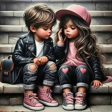 Norimpex, diamentowa mozaika, Dziewczynka i chłopiec siedzący na schodach, 30-40 cm