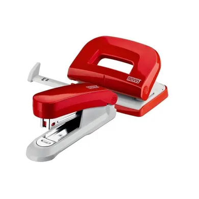 Novus, zestaw, zszywacz E15 + dziurkacz E210, czerwony