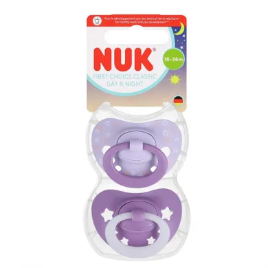 Nuk, First Choice, Classic Night, smoczek uspokajający, fioletowy, 18-36m, 2 szt.