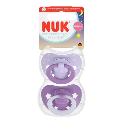 Nuk, First Choice, Night, smoczek uspokajający, fioletowy, 6-18m, 2 szt.