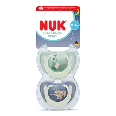 Nuk, First Choice, Night, smoczek uspokajający, hipopotam i koala, 0-6m, 2 szt.