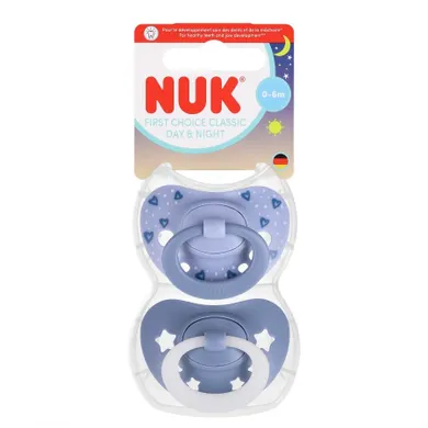 Nuk, First Choice, Night, smoczek uspokajający, niebieski, 0-6m, 2 szt.
