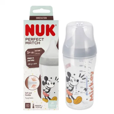 Nuk, Myszka Miki, Perfect Match, butelka, silikonowy smoczek, rozmiar M, 260 ml