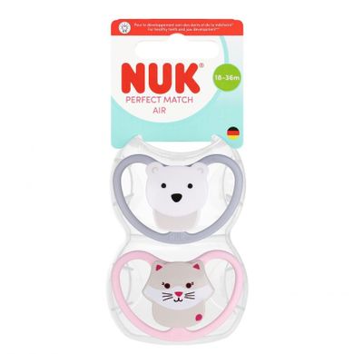 Nuk, Perfect Match Air, smoczek uspokajający, kot i miś, 18-36m, 2 szt.