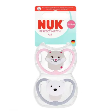 Nuk, Perfect Match Air, smoczek uspokajający, kot i miś, 6-18m, 2 szt.
