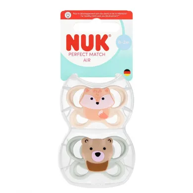 Nuk, Perfect Match Air, smoczek uspokajający, lis i miś, 0-2m, 2 szt.