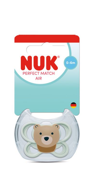 Nuk, Perfect Match Air, smoczek uspokajający, silikonowy, miś, 0-6m
