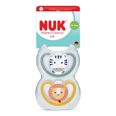 Nuk, Perfect Match Air, smoczek uspokajający, zebra i lew, 18-36m, 2 szt.