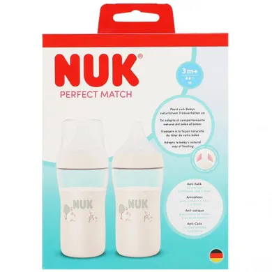 Nuk, Perfect Match, butelka do karmienia, owca i hipopotam, 3m+, 260 ml, 2 szt.