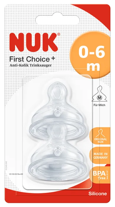 Nuk, smoczek do butelki First Choice+, rozmiar M, silikon, 2 szt., 0-6m