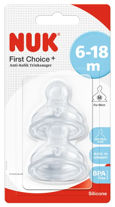 Nuk, smoczek do butelki First Choice+, rozmiar M, silikon, 2 szt., 6-18m