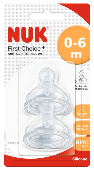 Nuk, smoczek do butelki First Choice+, rozmiar S, silikon, 2 szt., 0-6m