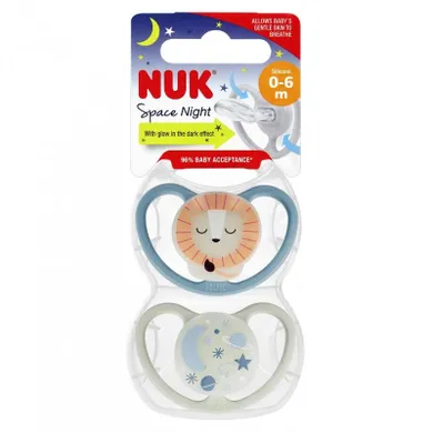 Nuk, Space Night, smoczek silikonowy, 0-6m, lew, 2 szt.