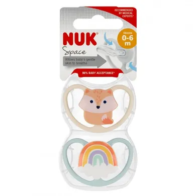 Nuk, Space, smoczek uspokajający, silikonowy, 0-6m, lis i tęcza, 2 szt.