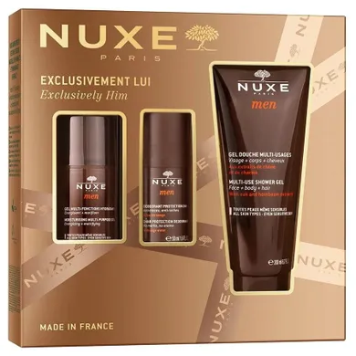 Nuxe, Exclusively Him, zestaw: wielofunkcyjny żel nawilżający do twarzy, 50 ml + dezodorant roll-on 24-godzinna ochrona, 50 ml + wielofunkcyjny żel pod prysznic, 200 ml