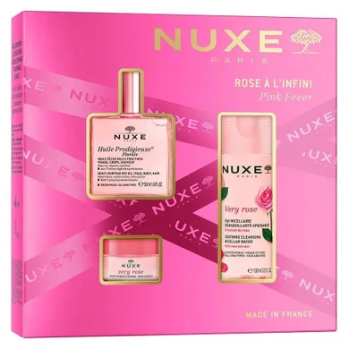 Nuxe, Pink Fever, zestaw: suchy olejek regenerujący, 50 ml + łagodząca woda micelarna 3w1, 100 ml + różany balsam do ust, 15g