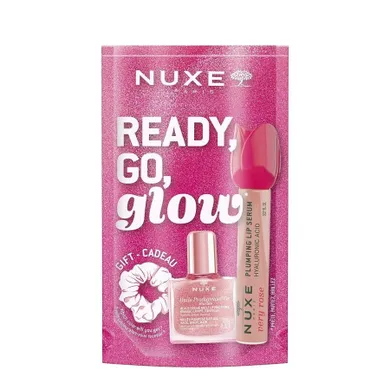 Nuxe, Ready Go Glow, zestaw: suchy olejek regenerujący, 10 ml + nawilżające serum powiększające usta, 8 ml + gumka do włosów