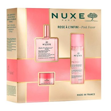 Nuxe, Rose A L'infini Pink Fever, zestaw: łagodząca woda micelarna 3w1, 100 ml + różany balsam do ust, 15g + suchy olejek regenerujący, 50 ml