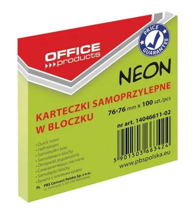 Office, karteczki samoprzylepne, neonowe żółte, 76-76 mm, 100 kartek
