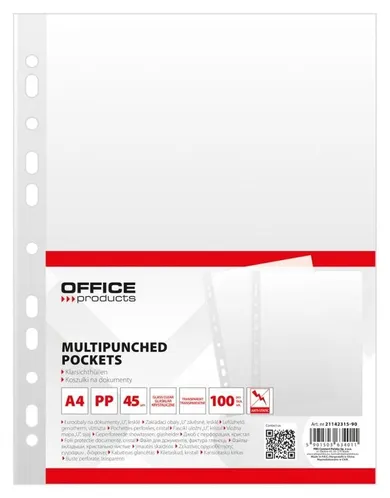 Office Products, koszulki na dokumenty A4, PP krystal, 45 mikr, 100 szt.