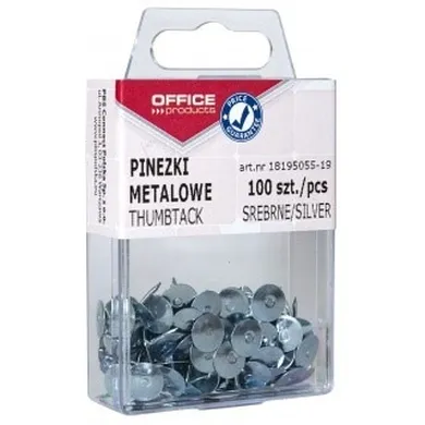 Office Products, pinezki metalowe, w pudełku, srebrne, 100 szt.