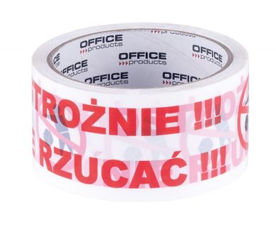 Office Products, taśma pakowa biała, ostrożnie nie rzucać, 48mmx50m, 1 szt.