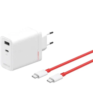 Oneplus, ładowarka sieciowa, SuperVOOC, GaN Dual Charger, 120W, USB-A/USB-C + kabel USB-C, 1m, biała