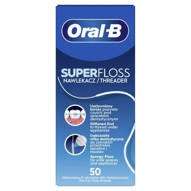 Oral-B, SuperFloss Mint, nić do czyszczenia aparatów ortodontycznych, mostów, 60 cm, 50 szt.
