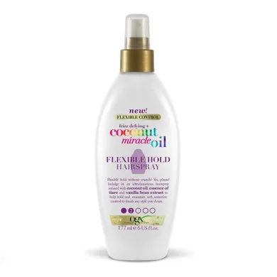 Organix, Frizz-Defying + Coconut Miracle Oil Flexible Hold Hairspray, lakier do włosów, nadający połysk, 177 ml