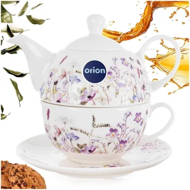 Orion, Louka, dzbanek z filiżanką do herbaty, porcelanowy, kwiaty, 3 elementy