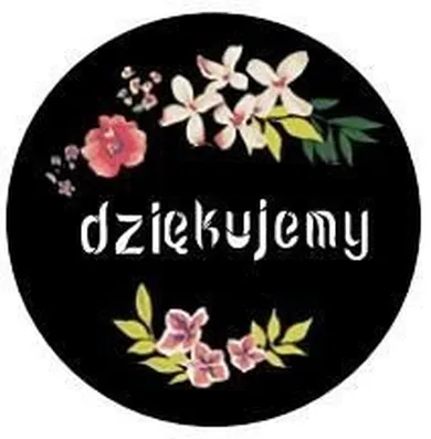 Ozdobne naklejki okrągłe, kolorowe kwiaty, dziękujemy, 500 szt.