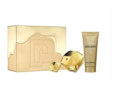 Paco Rabanne, Lady Million, woda perfumowana w sprayu, 80 ml + balsam do ciała, 100 ml + miniatura wody perfumowanej w sprayu, 5 ml, zestaw prezentowy