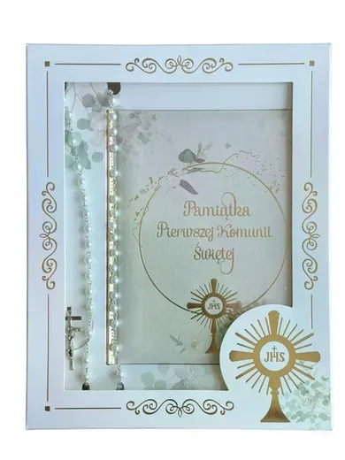 Pamiątka Pierwszej Komunii Świętej w pudełku z prezentem (różańcem)