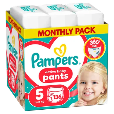 Pampers, Active Baby, pieluchomajtki, rozmiar 5, 11-17 kg, 136 szt.