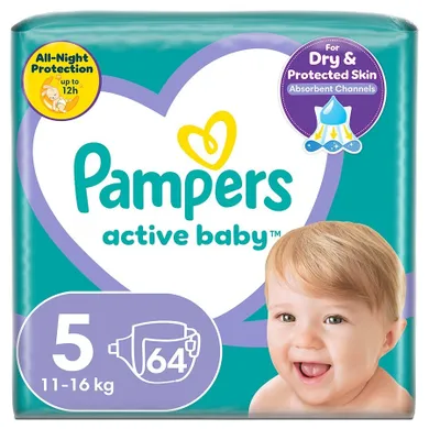 Pampers, Active Baby, pieluchy jednorazowe, rozmiar 5, 11-16 kg, 64 szt.