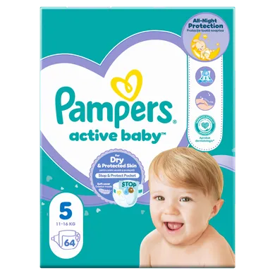 Pampers, Active Baby, pieluchy jednorazowe, rozmiar 5, 11-16 kg, 64 szt.