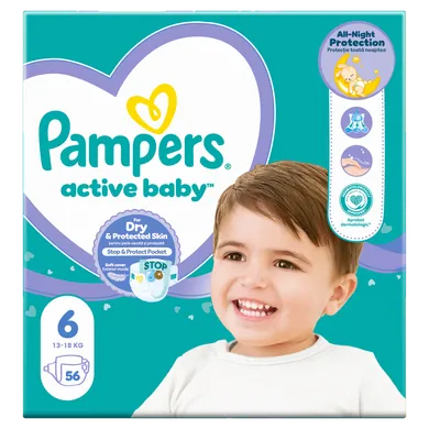 Pampers, Active Baby, pieluchy jednorazowe, rozmiar 6, 13-18 kg, 56 szt.