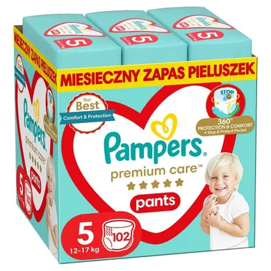 Pampers, Premium Care, Pieluchomajtki, rozmiar 5, 12-17 kg, 102 szt.