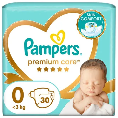 Pampers, Premium Care, pieluchy jednorazowe, rozmiar 0, do 3 kg, 30 szt.