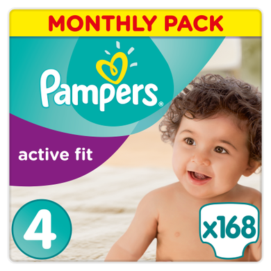 Pampers, Premium Protection Active Fit, pieluchy jednorazowe, rozmiar 4, 168 szt., zapas na miesiąc