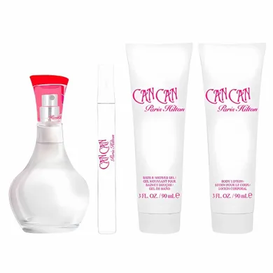 Paris Hilton, Can Can, zestaw: woda perfumowana, spray, 100 ml + balsam do ciała, 90 ml + żel pod prysznic, 90 ml + woda perfumowana, spray, 10 ml