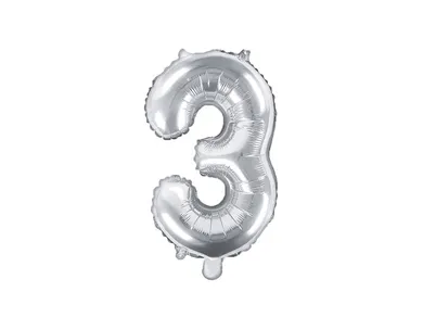 PartyDeco, balon foliowy, w kształcie cyfry 3, srebrny, 35 cm